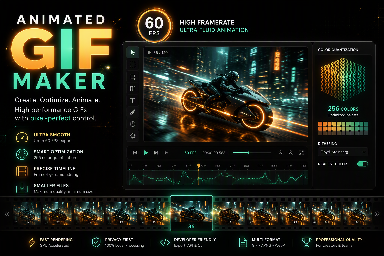 Animated GIF maker studio interface featuring 60 FPS timeline editor and NeuQuant 256-color palette quantization