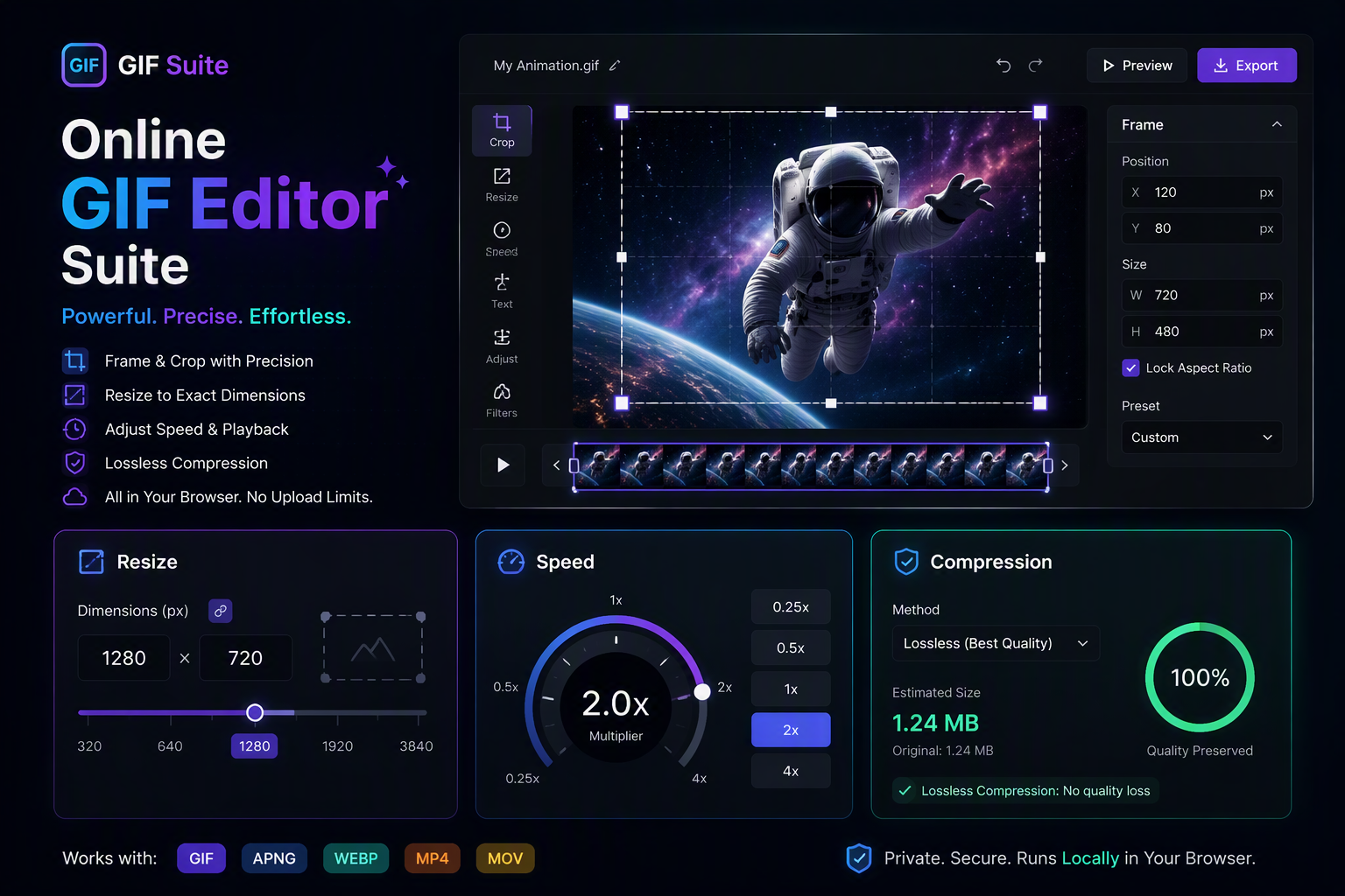 Online GIF editor suite interface displaying crop handles, resize scaling, speed controller, and compression tools