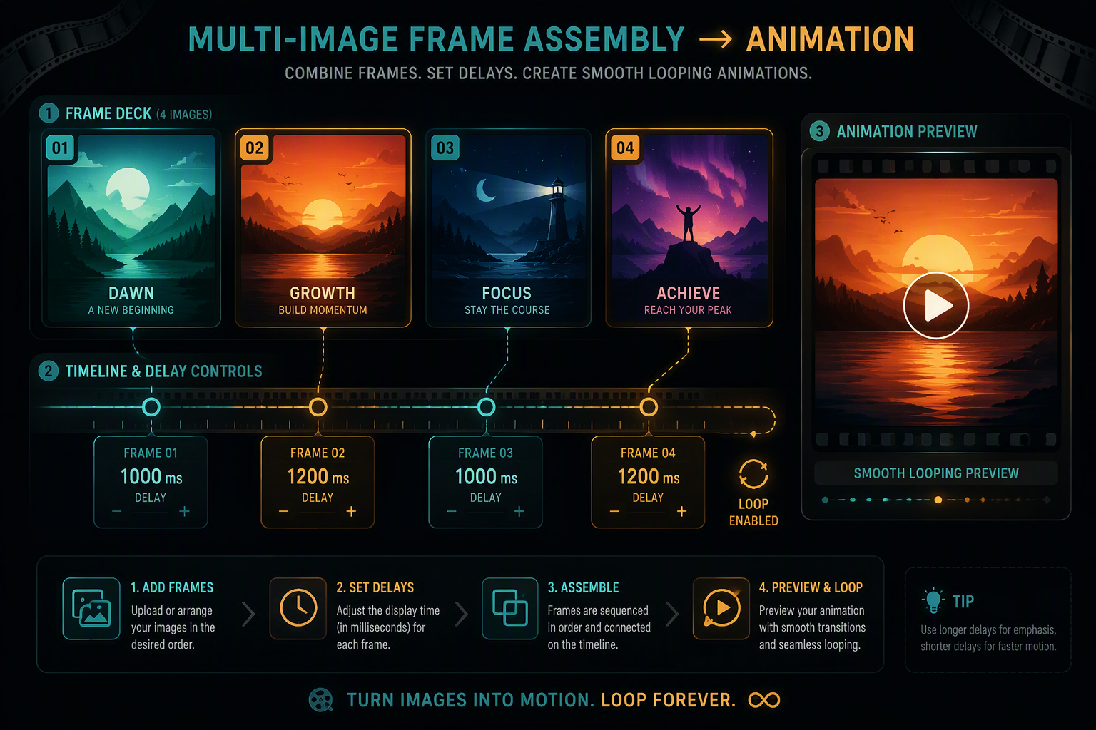 Multi-photo frame assembly diagram showing sequential photo frames merging into a smooth animated GIF loop
