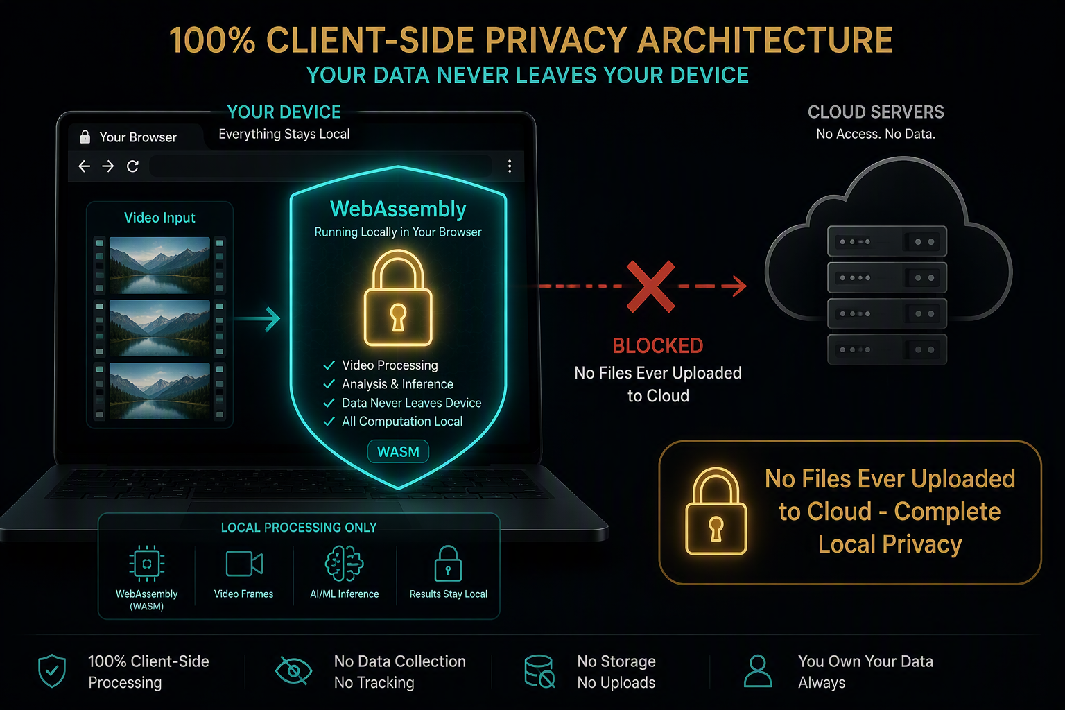 Technical architecture diagram showing local client-side WebAssembly isolation preventing cloud uploads and preserving complete data privacy